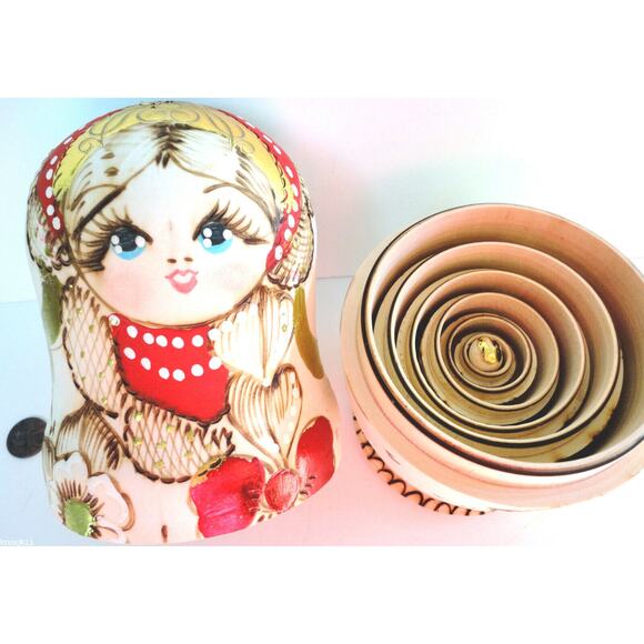 Wooden Nesting Dolls 7 Matryoshka Doll Figurines 9" Wood Stacking Hand Crafted - Picture 5 of 7